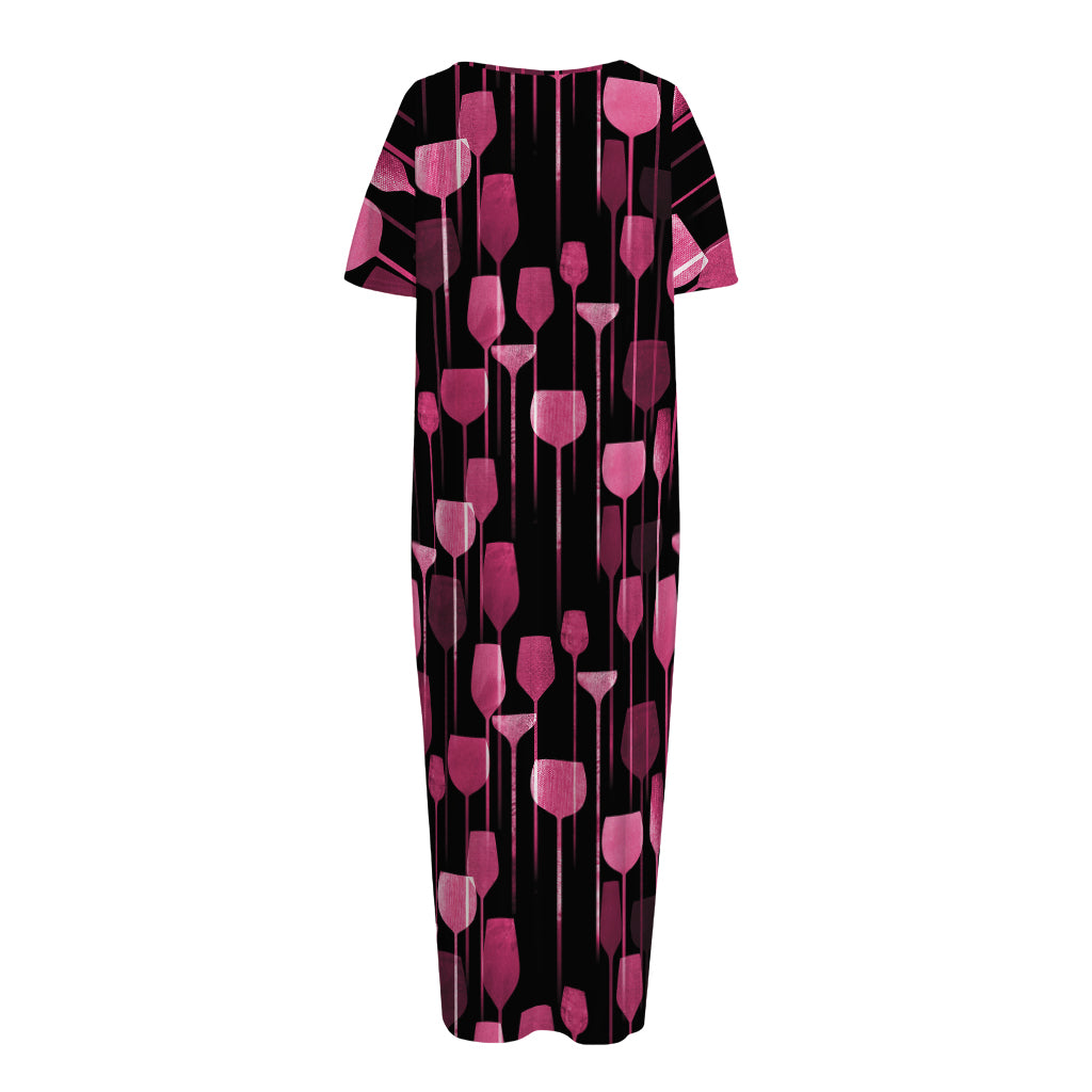 Glasses Of Wine Print Short Sleeve Long Nightdress