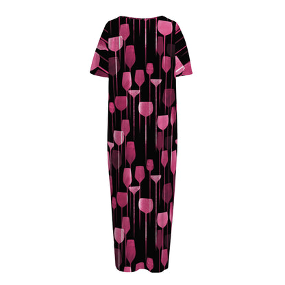 Glasses Of Wine Print Short Sleeve Long Nightdress