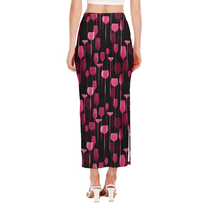 Glasses Of Wine Print Side Slit Maxi Skirt