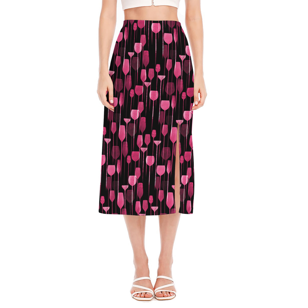 Glasses Of Wine Print Side Slit Midi Skirt