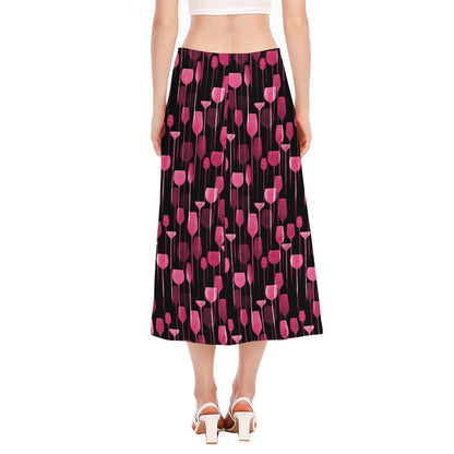 Glasses Of Wine Print Side Slit Midi Skirt