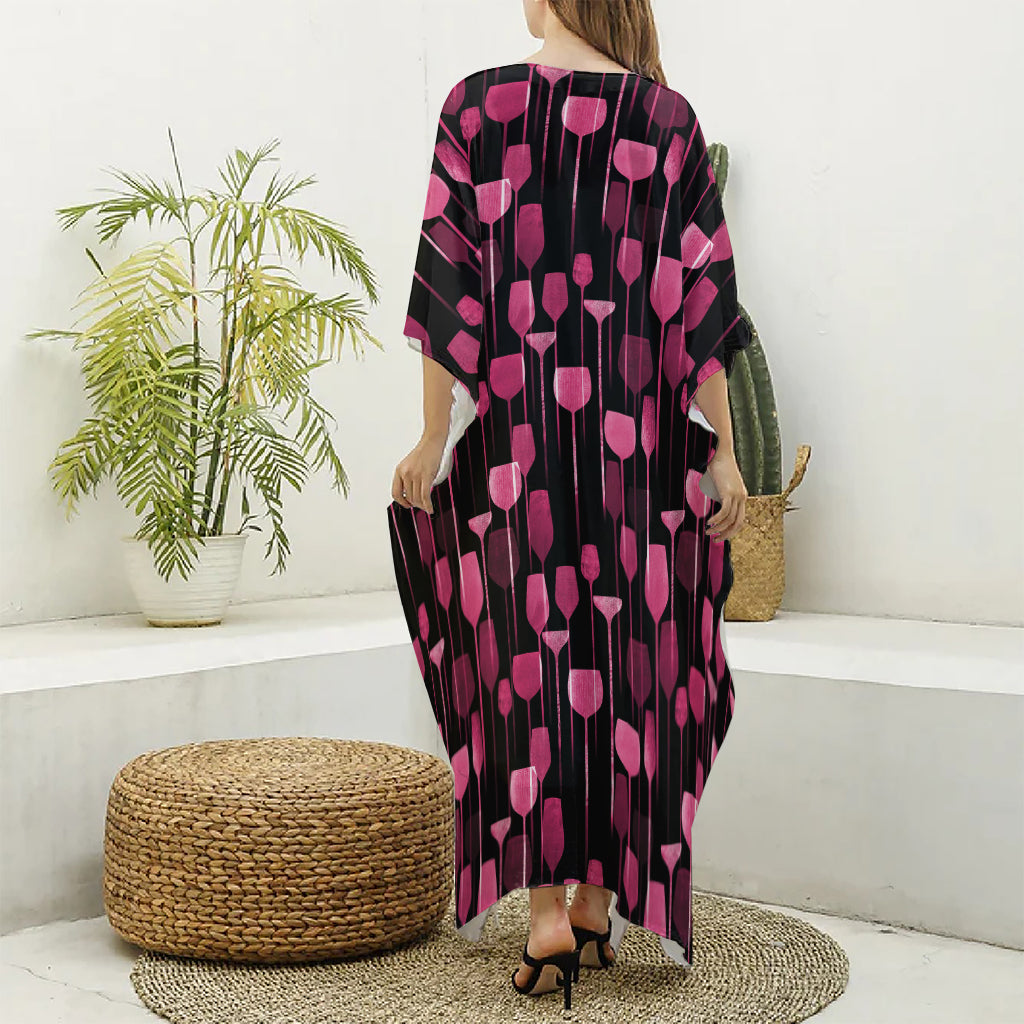 Glasses Of Wine Print Silk V-Neck Kaftan Dress