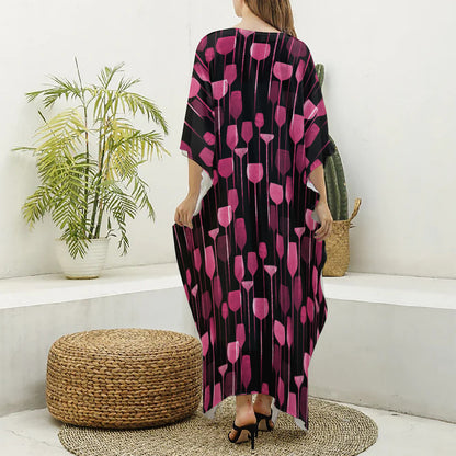 Glasses Of Wine Print Silk V-Neck Kaftan Dress