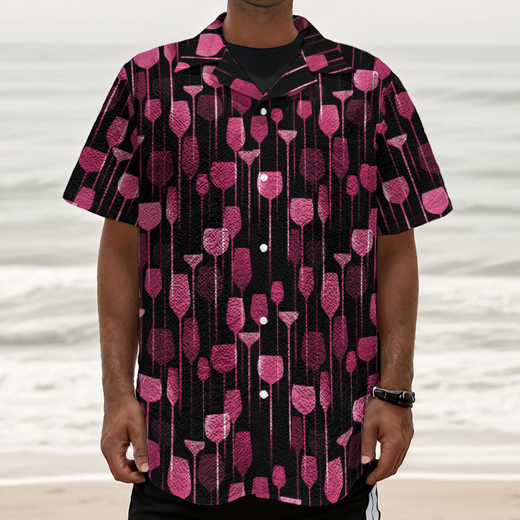 Glasses Of Wine Print Textured Short Sleeve Shirt