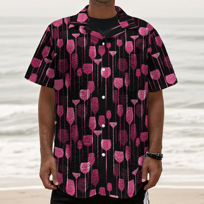 Glasses Of Wine Print Textured Short Sleeve Shirt