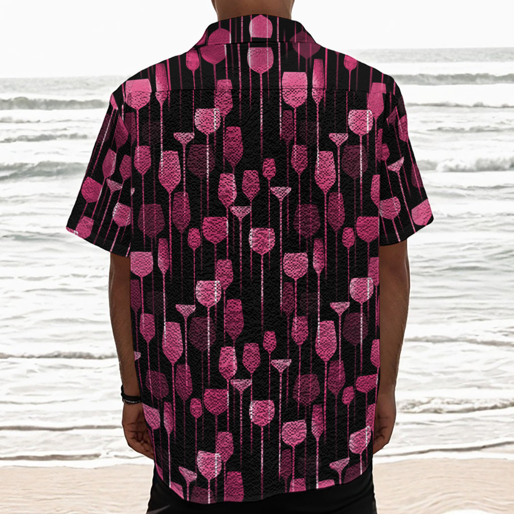 Glasses Of Wine Print Textured Short Sleeve Shirt