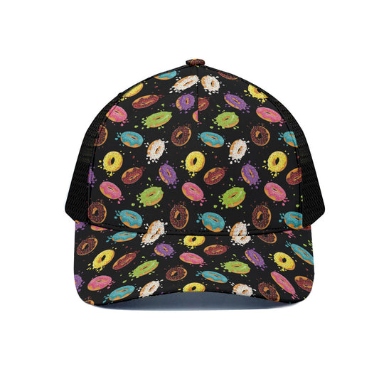 Glaze Donut Pattern Print Black Mesh Trucker Cap