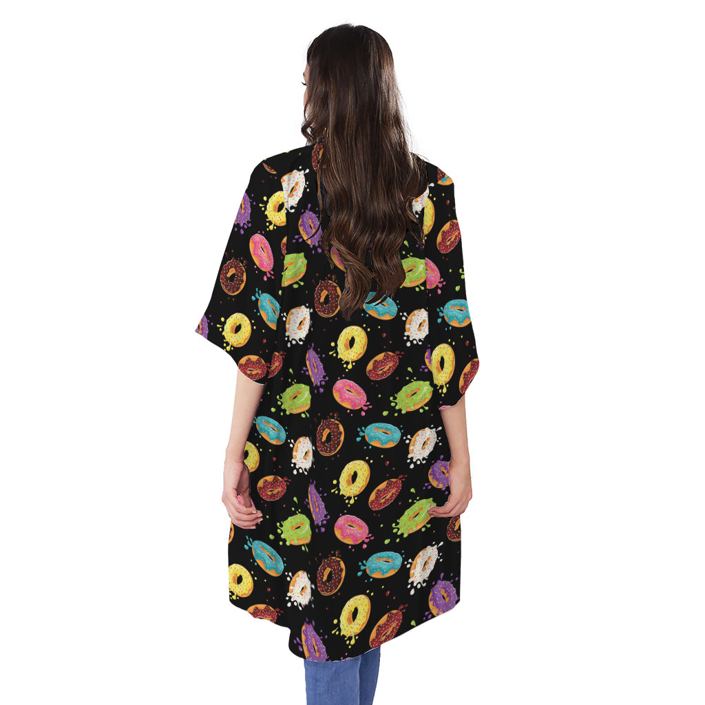 Glaze Donut Pattern Print Open Front Beach Cover Up