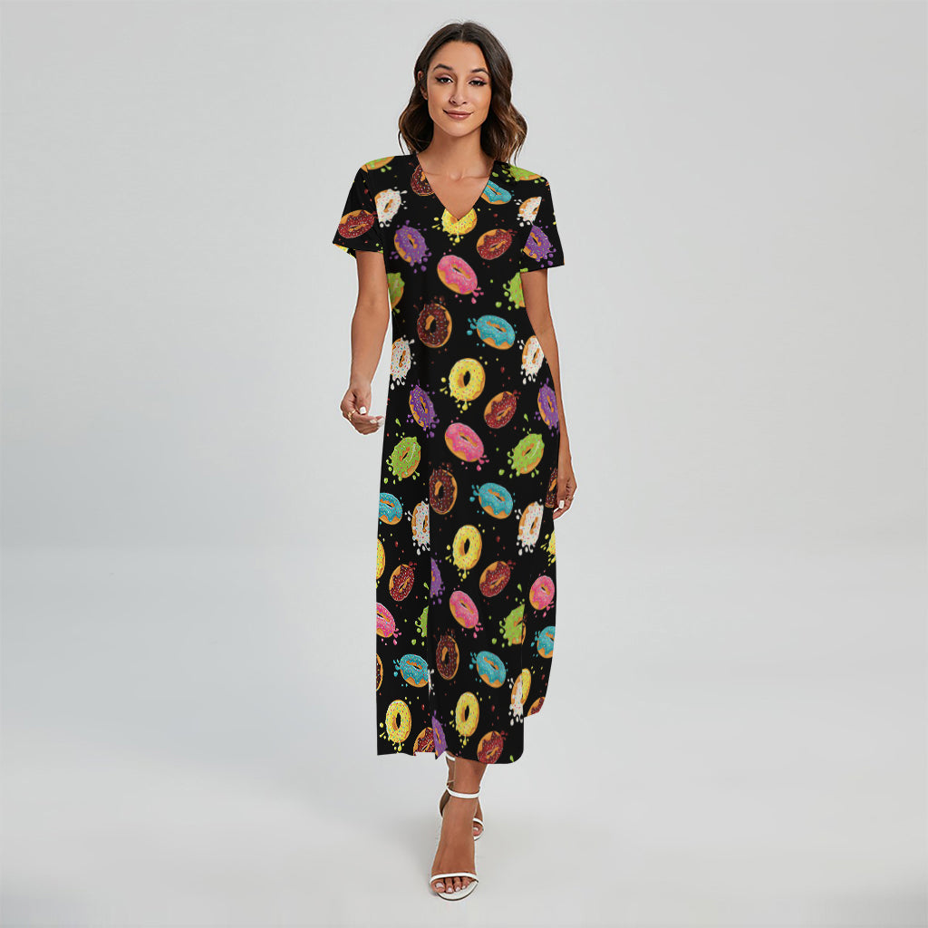 Glaze Donut Pattern Print Short Sleeve Maxi Dress