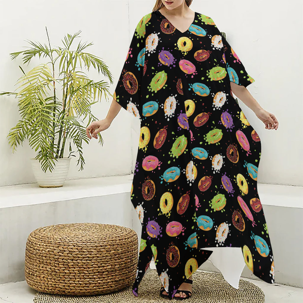 Glaze Donut Pattern Print Silk V-Neck Kaftan Dress