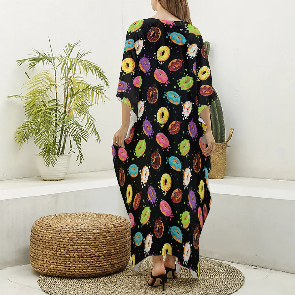 Glaze Donut Pattern Print Silk V-Neck Kaftan Dress