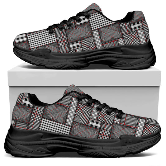 Glen Plaid Patchwork Pattern Print Black Chunky Shoes