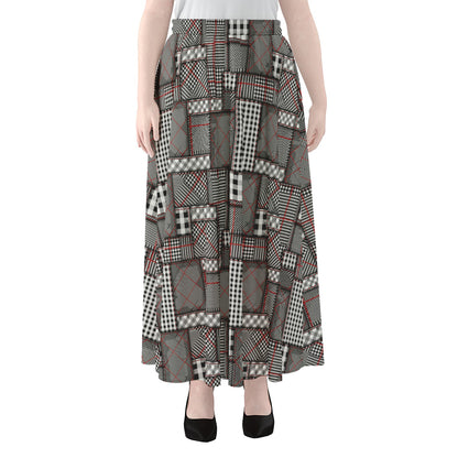Glen Plaid Patchwork Pattern Print Chiffon Maxi Skirt