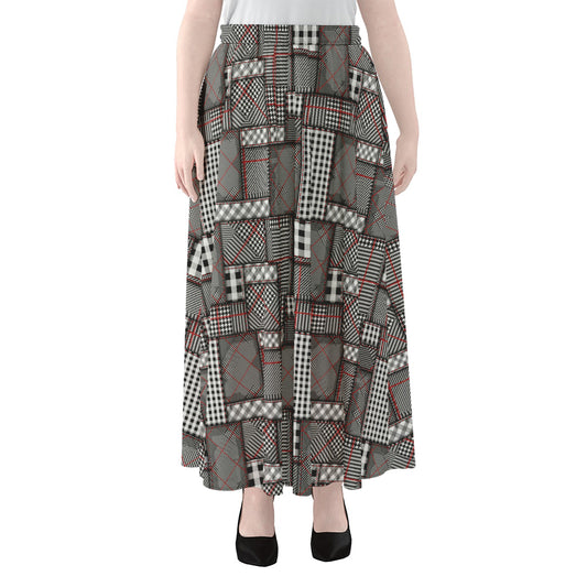 Glen Plaid Patchwork Pattern Print Chiffon Maxi Skirt