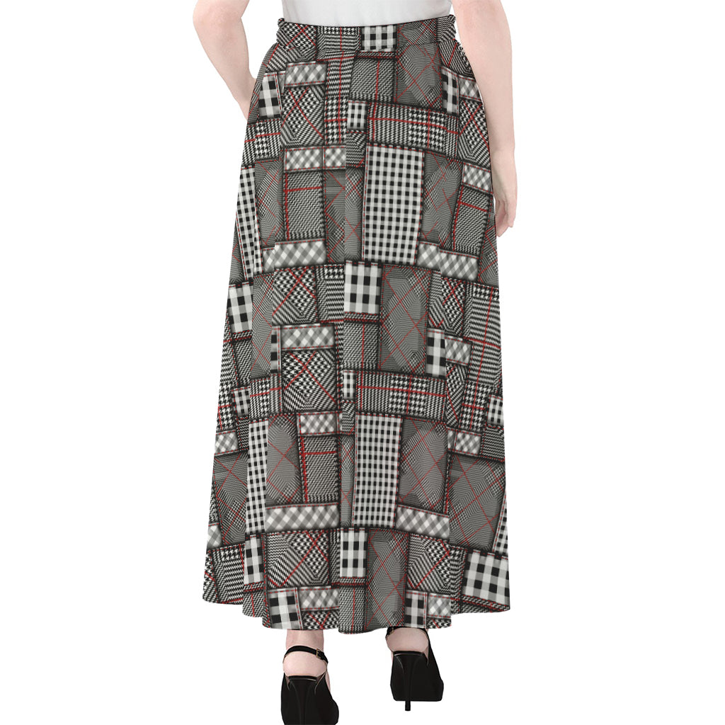 Glen Plaid Patchwork Pattern Print Chiffon Maxi Skirt