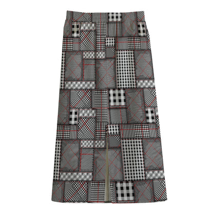 Glen Plaid Patchwork Pattern Print Cotton Front Slit Maxi Skirt