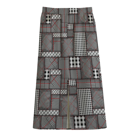Glen Plaid Patchwork Pattern Print Cotton Front Slit Maxi Skirt