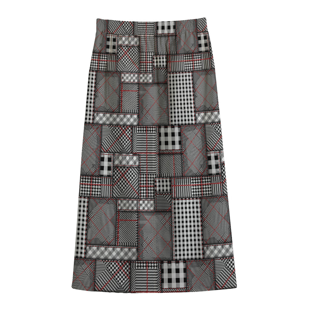 Glen Plaid Patchwork Pattern Print Cotton Front Slit Maxi Skirt