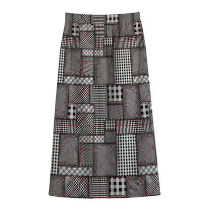 Glen Plaid Patchwork Pattern Print Cotton Front Slit Maxi Skirt