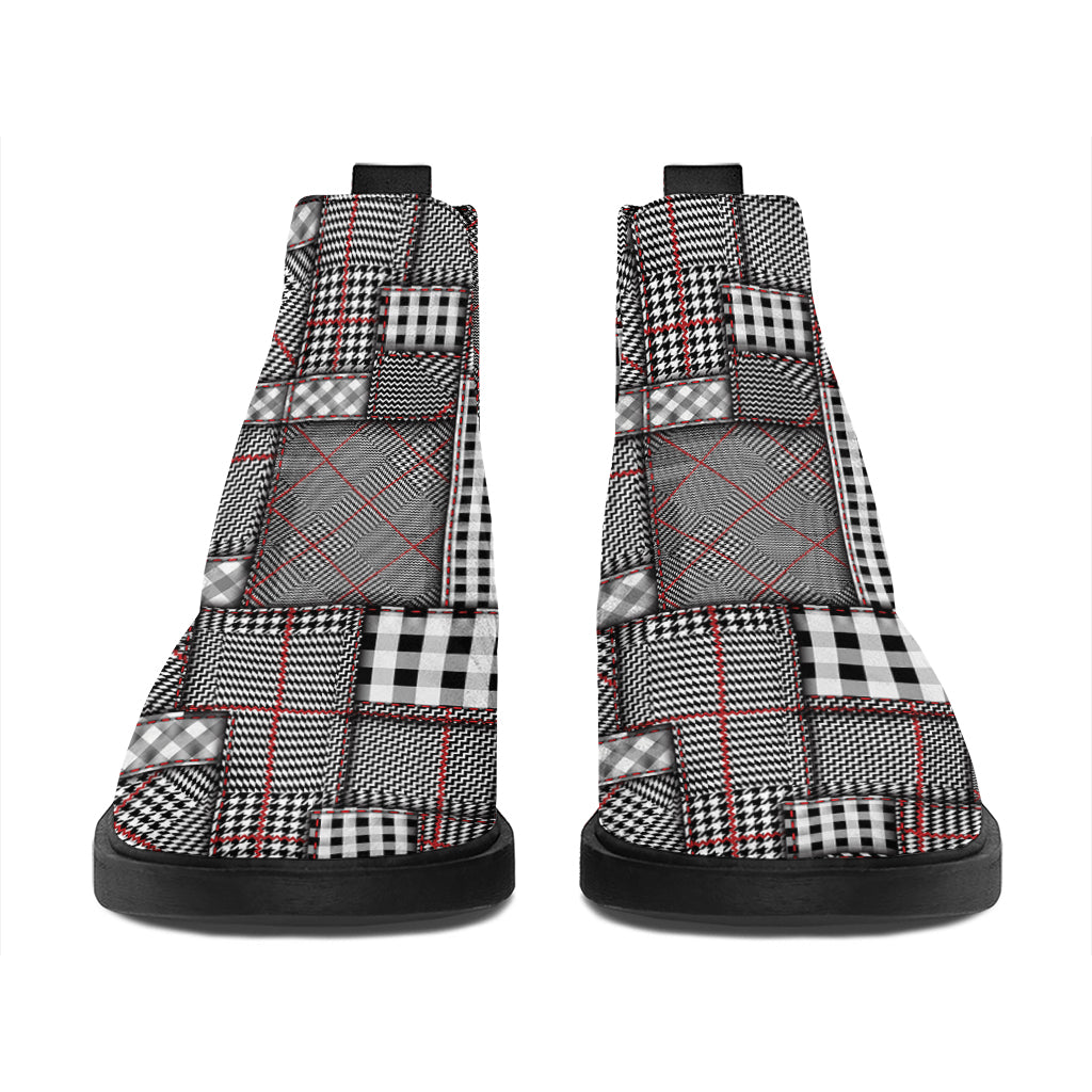 Glen Plaid Patchwork Pattern Print Flat Ankle Boots