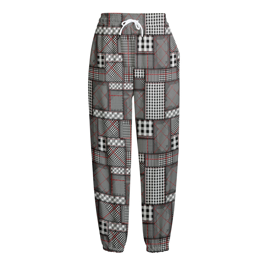 Glen Plaid Patchwork Pattern Print Fleece Lined Knit Pants
