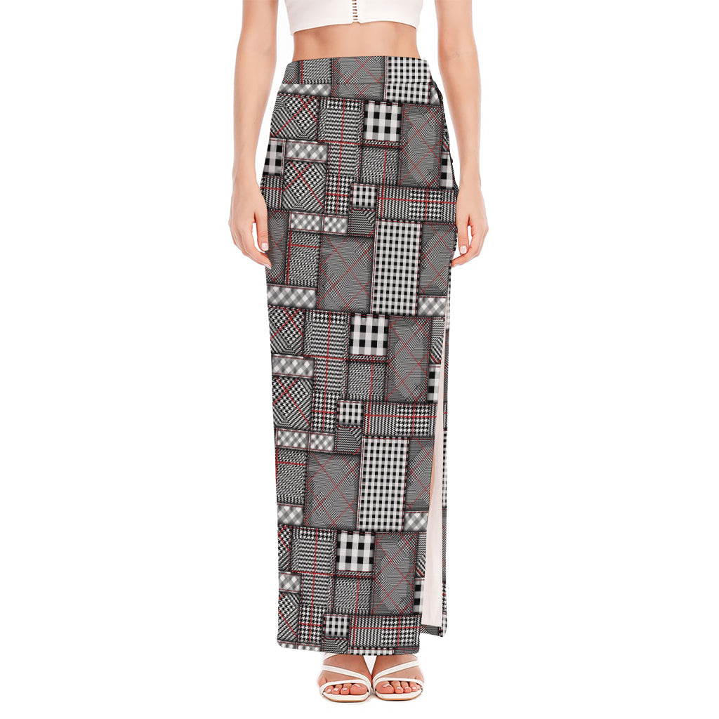 Glen Plaid Patchwork Pattern Print High Slit Maxi Skirt
