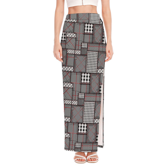 Glen Plaid Patchwork Pattern Print High Slit Maxi Skirt