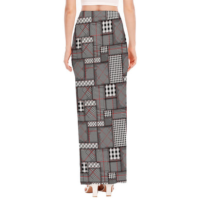 Glen Plaid Patchwork Pattern Print High Slit Maxi Skirt