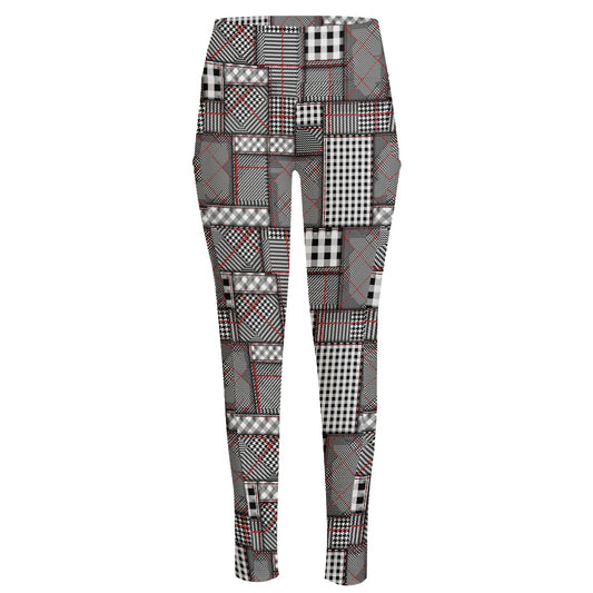 Glen Plaid Patchwork Pattern Print High-Waisted Pocket Leggings