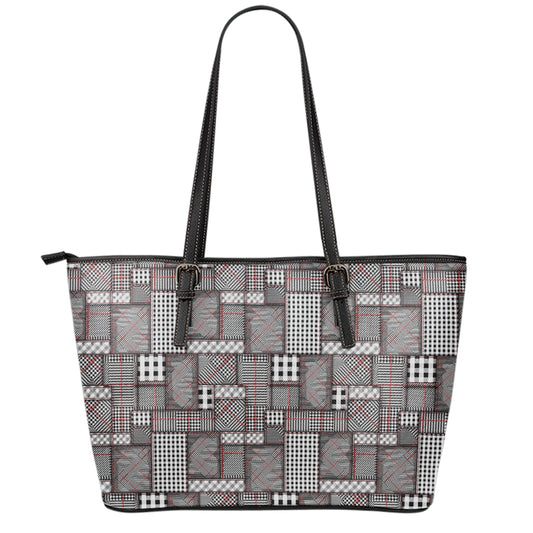 Glen Plaid Patchwork Pattern Print Leather Tote Bag