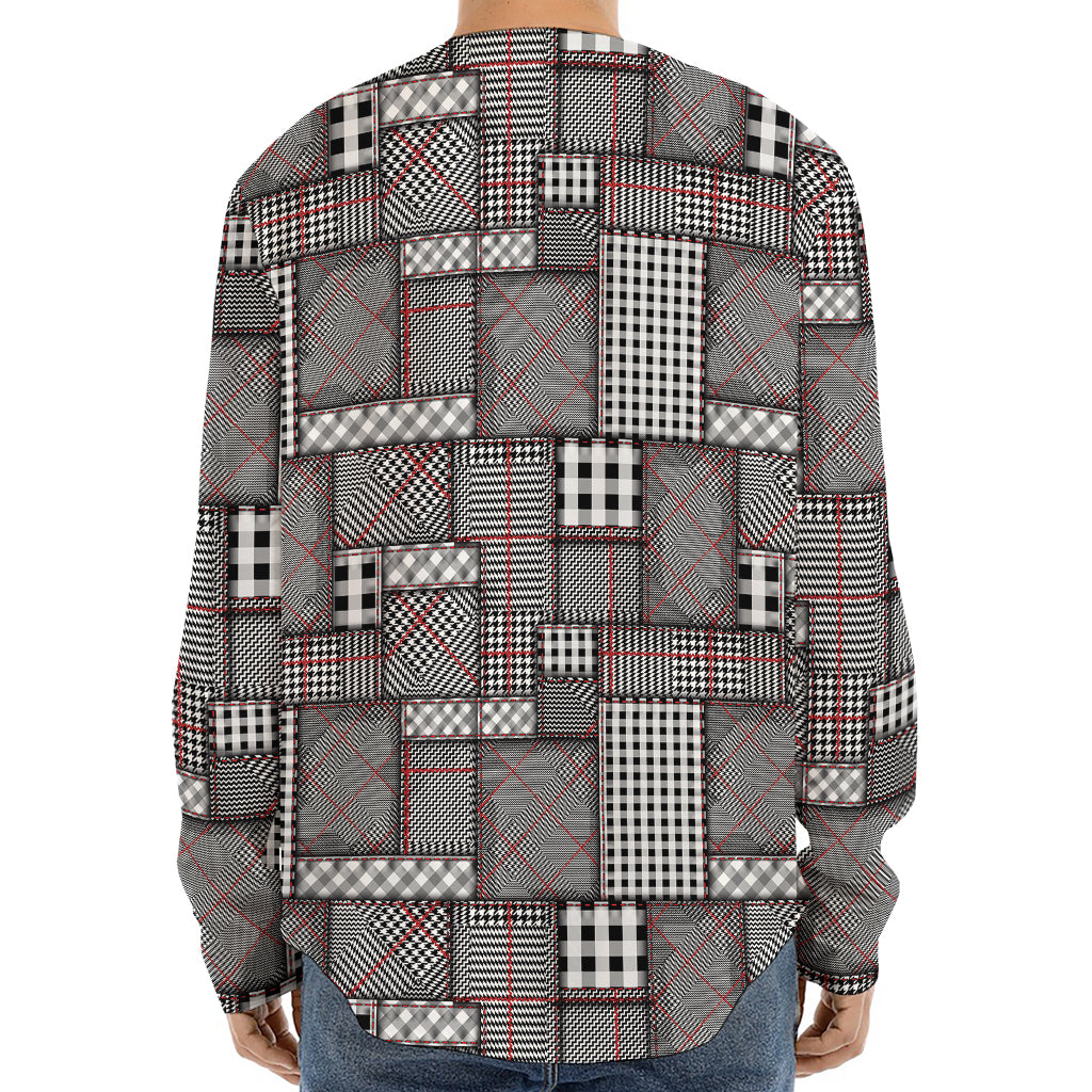 Glen Plaid Patchwork Pattern Print Long Sleeve Baseball Jersey