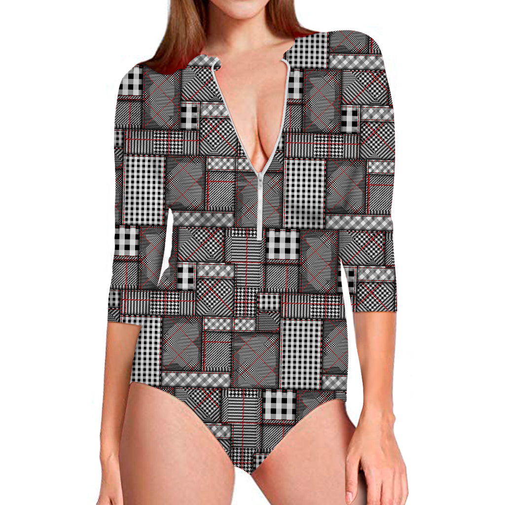 Glen Plaid Patchwork Pattern Print Long Sleeve Swimsuit