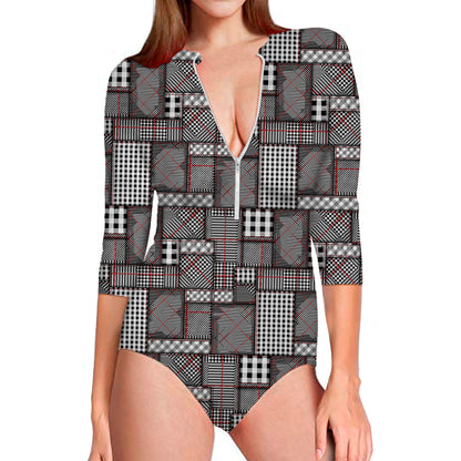 Glen Plaid Patchwork Pattern Print Long Sleeve Swimsuit