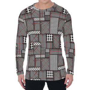 Glen Plaid Patchwork Pattern Print Men's Long Sleeve T-Shirt