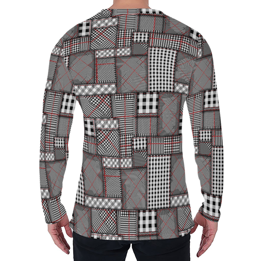 Glen Plaid Patchwork Pattern Print Men's Long Sleeve T-Shirt