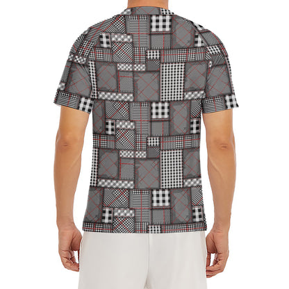 Glen Plaid Patchwork Pattern Print Men's Short Sleeve Rash Guard