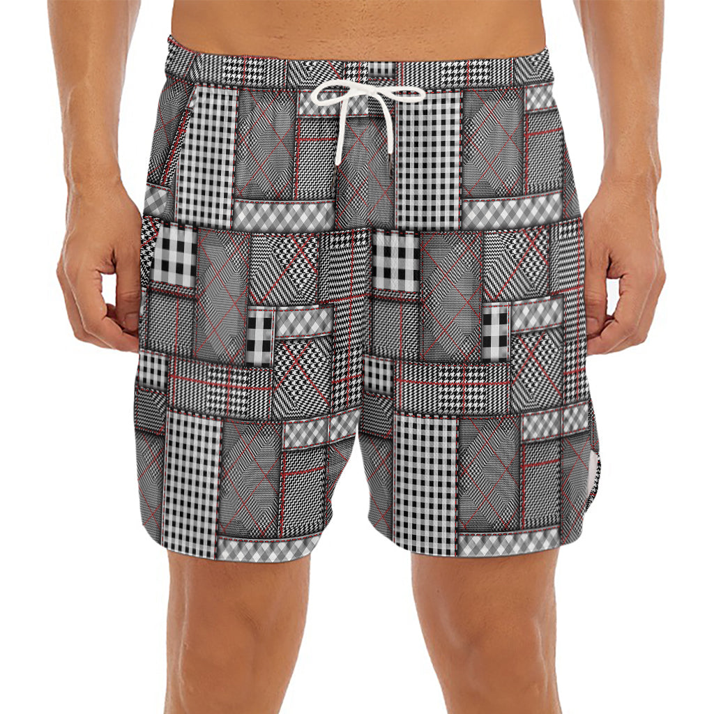 Glen Plaid Patchwork Pattern Print Men's Split Running Shorts