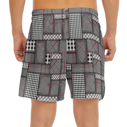 Glen Plaid Patchwork Pattern Print Men's Split Running Shorts