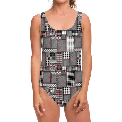 Glen Plaid Patchwork Pattern Print One Piece Swimsuit