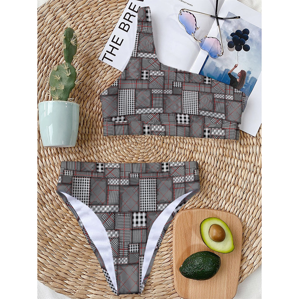 Glen Plaid Patchwork Pattern Print One Shoulder Bikini Top