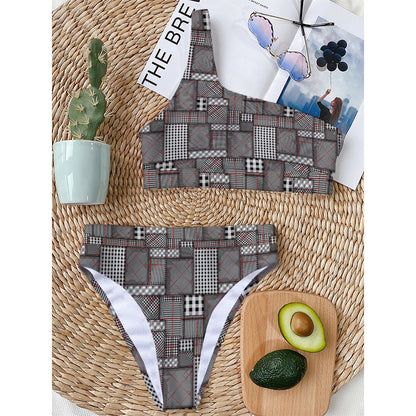 Glen Plaid Patchwork Pattern Print One Shoulder Bikini Top