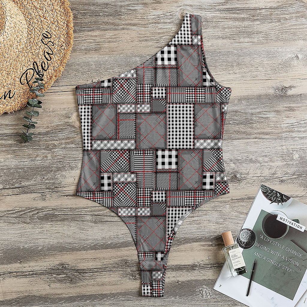 Glen Plaid Patchwork Pattern Print One Shoulder Bodysuit