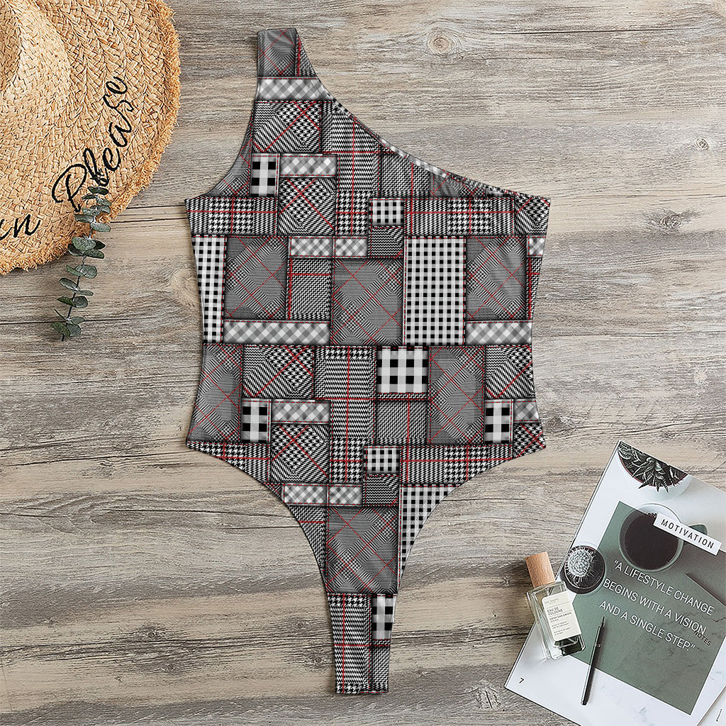 Glen Plaid Patchwork Pattern Print One Shoulder Bodysuit