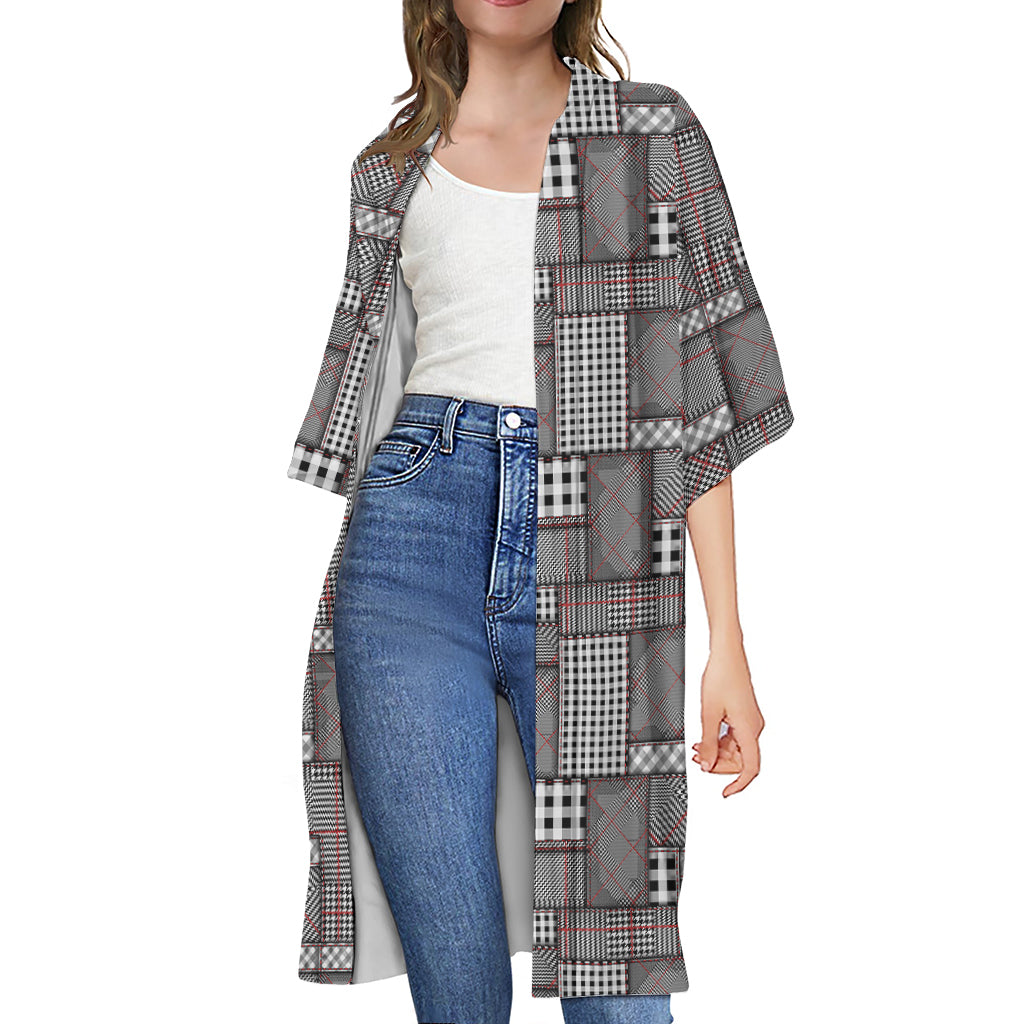 Glen Plaid Patchwork Pattern Print Open Front Beach Cover Up
