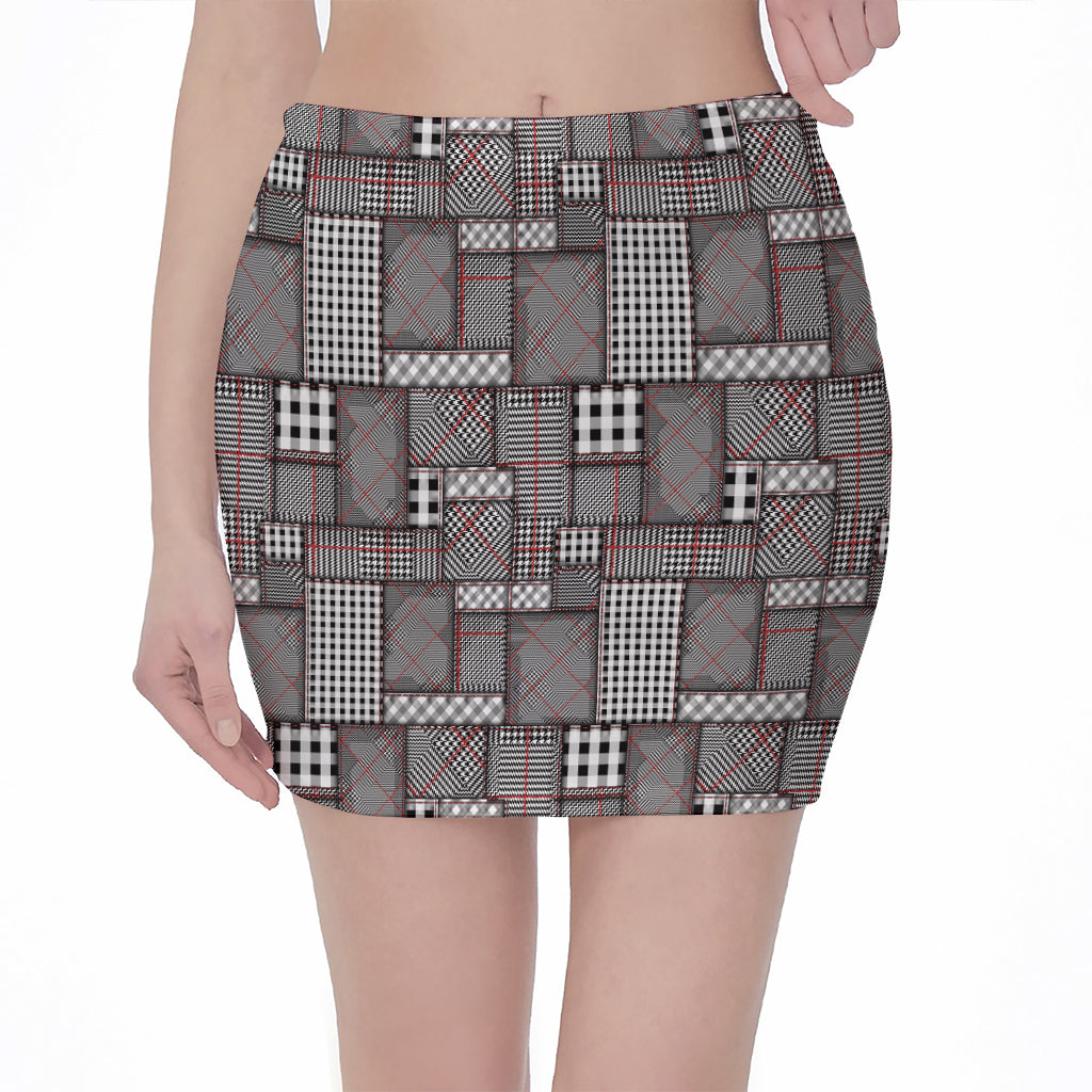 Glen Plaid Patchwork Pattern Print Pencil Mini Skirt