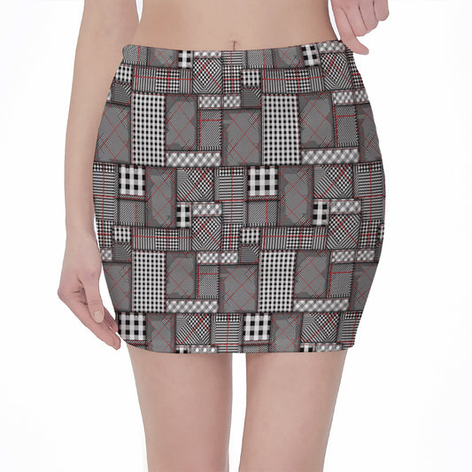 Glen Plaid Patchwork Pattern Print Pencil Mini Skirt