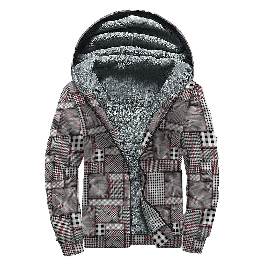 Glen Plaid Patchwork Pattern Print Sherpa Lined Zip Up Hoodie