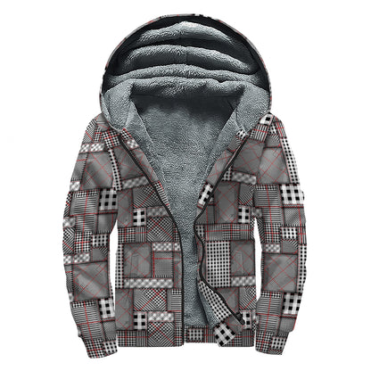 Glen Plaid Patchwork Pattern Print Sherpa Lined Zip Up Hoodie