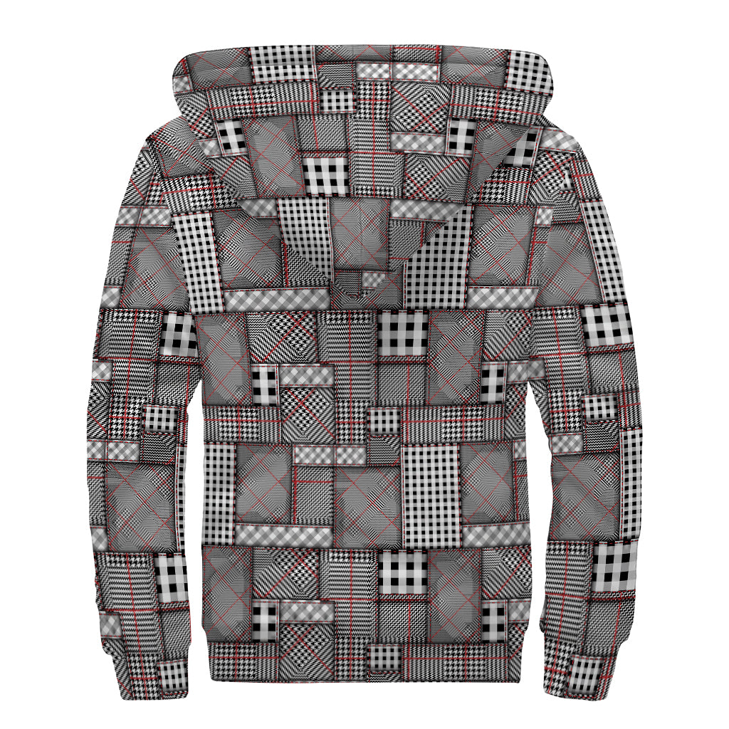Glen Plaid Patchwork Pattern Print Sherpa Lined Zip Up Hoodie