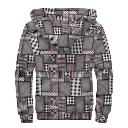Glen Plaid Patchwork Pattern Print Sherpa Lined Zip Up Hoodie
